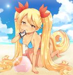  all_fours ball bangs barefoot beach beachball bikini blonde_hair blue_bikini blush breasts cellphone cleavage cloud covered_nipples cyan_(show_by_rock!!) day dog_tail drooling front-tie_bikini front-tie_top glasses heart highres holding kamiya_zuzu long_hair looking_at_viewer medium_breasts multiple_girls ocean on_ground open_mouth outdoors parted_bangs phone raised_eyebrows retoree saliva sand show_by_rock!! side-tie_bikini sky smartphone solo_focus sparkle string_bikini swimsuit tail tan thigh_gap transparent twintails very_long_hair water yellow_eyes yuri 