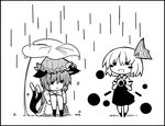  :d animal_ears bad_id bad_pixiv_id bow cat_ears cat_tail chen chibi demekyon greyscale hair_bow hat jewelry leaf_umbrella mob_cap monochrome multiple_girls multiple_tails nekomata open_mouth rain rumia short_hair short_sleeves single_earring smile solid_circle_eyes tail touhou two_tails 