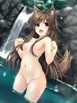  :d ahoge animal_ears blush breasts brown_hair convenient_censoring fang groin hair_censor hair_over_breasts highres long_hair looking_at_viewer moeki_yuuta nature navel nude open_mouth original red_eyes small_breasts smile solo tail wading water waterfall wet wolf_ears wolf_tail 