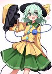  blush eyeball frills gradient gradient_background green_eyes green_hair hat hat_ribbon heart komeiji_koishi kumadano long_sleeves looking_at_viewer open_mouth ribbon shirt short_hair simple_background skirt sleeves_past_wrists smile solo string third_eye touhou wide_sleeves 