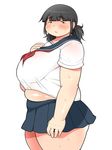  1girl belly black_eyes black_hair blush breasts fat huge_breasts looking_at_viewer open_mouth shimejix solo standing thick_thighs twintails 