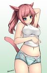  1girl animal_ears aruma_jiki bare_shoulders blue_eyes blush boyshorts breasts cameltoe erect_nipples female final_fantasy final_fantasy_xiv frills long_hair midriff miqo&#039;te miqo'te navel open_mouth pink_hair shirt sleeveless_shirt solo standing tail 