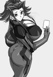  ass biker_clothes bikesuit blush bodysuit breasts card_game cleavage clothed_nipples erect_nipples female from_above hair_intakes helmet hikawadou huge_ass huge_breasts izayoi_aki large_breasts light_smile looking_at_viewer monochrome nipples solo unzipped yu-gi-oh! yuu-gi-ou_5d&#039;s yuu-gi-ou_5d's 