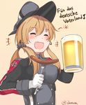  1girl :d ^_^ alcohol anchor_hair_ornament beer blonde_hair closed_eyes food fork german hair_ornament hat ido_(teketeke) kantai_collection long_sleeves military military_uniform open_mouth peaked_cap prinz_eugen_(kantai_collection) sausage short_hair smile solo translated twintails twitter_username uniform 
