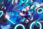  alternate_costume aqua_eyes aqua_hair bodysuit breasts cleavage dj_sona large_breasts league_of_legends lips long_hair na_young_lee skin_tight solo sona_buvelle twintails very_long_hair watermark web_address 
