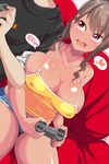 1girl bare_shoulders breasts brown_hair cleavage controller game_controller gamepad heart highres kurorettsu large_breasts long_hair original pink_eyes playing_games shiny shiny_skin short_shorts shorts smile tan thighs translation_request 
