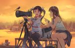  binoculars bird black_hair blue_eyes brand_name_imitation brown_hair camera daurian_redstart ddal dock lake long_hair md5_mismatch multiple_girls open_mouth original red_eyes short_hair shorts skirt sunset symbol-shaped_pupils thighhighs tripod twintails 