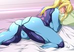  1girl ass blonde_hair bodysuit breasts huge_breasts looking_back metroid nabe0721 nintendo samus_aran skin_tight 