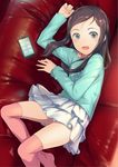  blue_eyes blush brown_hair casual cellphone clothes_writing flat_chest highres long_hair looking_at_viewer lying on_back original panties pantyshot phone pink_legwear skirt smartphone sody solo thighhighs underwear white_panties 