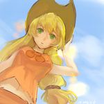  2015 applejack artist_request bad_id bad_pixiv_id blonde_hair cowboy_hat dated from_below green_eyes hand_on_headwear hat long_hair looking_at_viewer low-tied_long_hair my_little_pony my_little_pony_friendship_is_magic sleeveless solo 