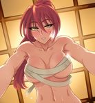  bad_id bad_pixiv_id blush breasts ceiling cleavage covered_nipples from_below genderswap genderswap_(mtf) himura_kenshin large_breasts long_hair navel parted_lips ponytail pov purple_mii red_hair rurouni_kenshin sarashi scar skindentation solo sweat undone_sarashi yellow_eyes 