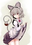  alternate_costume animal animal_ears apron basket blush bow bowtie enmaided frills grey_hair highres ishikkoro long_sleeves looking_away maid maid_headdress mouse mouse_ears mouse_tail nazrin puffy_sleeves red_eyes shirt short_hair simple_background skirt skirt_lift solo tail thighhighs touhou vest white_legwear zettai_ryouiki 