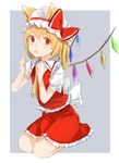  animal_ears ascot blonde_hair blue_background border bow cat_ears crystal fang flandre_scarlet hat hat_ribbon kemonomimi_mode looking_at_viewer mob_cap open_mouth outside_border pokan_(xz1128) puffy_sleeves red_eyes ribbon shirt short_hair short_sleeves side_ponytail simple_background sitting skirt skirt_set slit_pupils solo touhou vest wings 