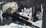  black_gloves breasts cleavage coat forest gloves gun hair_over_one_eye metal_gear_(series) metal_gear_solid nature nisego sniper_rifle sniper_wolf snow snowing tree weapon wolf woods 