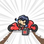  1girl akira_(manga) akira_slide blue_hair blue_ribbon blush_stickers box brown_cardigan brown_dress cardigan chibi chibi_only closed_mouth commentary_request dark_blue_hair dress emphasis_lines floating_hair food_delivery_box hair_ribbon hasu_no_sora_school_uniform highres holding holding_box kaneda_shoutarou&#039;s_bike link!_like!_love_live! long_hair long_sleeves love_live! low_twintails mole mole_on_neck murano_sayaka neckerchief open_cardigan open_clothes pleated_dress red_neckerchief ribbon sailor_collar sailor_dress school_uniform scmiz simple_background smile solo twintails virtual_youtuber white_background white_sailor_collar winter_uniform |_| 