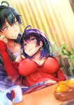  1boy 1girl ahoge black_eyes black_hair breasts breasts_apart cardigan clenched_teeth closed_mouth covered_navel covered_nipples cup earrings food fruit girl_on_top green_cardigan hand_on_another&#039;s_chin heart heart_print hetero highres hikigaya_hachiman indoors jewelry kotatsu large_breasts lips long_sleeves looking_at_another mandarin_orange medium_hair mug negligee open_cardigan open_clothes print_cup print_mug purple_eyes purple_hair red_cardigan red_negligee shisui_ao short_hair sitting table teeth under_kotatsu under_table yahari_ore_no_seishun_lovecome_wa_machigatteiru. yukinoshita_haruno 