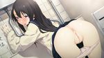  1girl against_wall anus ass bent_over black_hair blue_eyes blush censored from_behind game_cg highres jiyu2 koisuru_otome_no_oshioki_jugyou kuroi_makoto legs long_hair looking_back mosaic_censoring open_mouth panties panty_pull polka_dot_panties pussy school_uniform serafuku skirt skirt_lift solo thighs underwear 