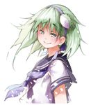  alternate_costume aqua_eyes bad_id bad_pixiv_id frog_hair_ornament green_hair hair_ornament hair_ribbon half-closed_eyes kochiya_sanae neckerchief ribbon school_uniform serafuku shunsuke smile solo touhou upper_body 