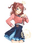  1girl absurdres blazer blue_eyes blue_overskirt blue_ribbon blue_skirt blush brown_hair cropped_jacket gakuen_idolmaster hanami_saki highres idolmaster jacket long_hair long_sleeves milk_(jhwk4885) neck_ribbon pink_jacket pleated_skirt ribbon shirt simple_background skirt smile solo two_side_up white_background white_shirt 