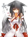  aburaage animal_ears bell black_hair breasts cleavage elbow_gloves food fox_ears fox_tail gloves hair_bell hair_ornament hair_ribbon heart large_breasts long_hair mishima_kurone mouth_hold original pantyhose ribbon simple_background sitting skirt smile solo tail translation_request tress_ribbon twitter_username white_background white_gloves white_legwear yellow_eyes 