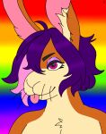 anthro blep chest_tuft eye_makeup eyebrows eyelashes glistening glistening_eyes glistening_tongue hair hare lagomorph leporid light lighting makeup male mammal orange_body pink_eyes pink_hair purple_hair purple_makeup soft_lighting solo sophia_(sophia_e._carrots) tan_body tongue tongue_out tuft unknown_artist wet_tongue whiskers