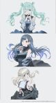  3girls aqua_eyes aqua_hair aqua_nails azusawa_kohane bare_shoulders black_hair black_jacket black_shirt blue_hair blue_nails breasts brown_eyes chain chain_necklace colorful_palette commentary_request crypton_future_media double_bun earrings from_behind gradient_hair guest_art hair_bun hair_ornament hairclip hand_up hands_up hatsune_miku highres jacket jewelry lace light_brown_hair long_sleeves looking_at_viewer looking_back multicolored_hair multiple_girls necklace official_art one_eye_closed open_clothes open_jacket piapro project_sekai sega shiraishi_an shirt sidelocks simple_background single_earring sleeveless sleeveless_shirt small_breasts smile star_(symbol) star_hair_ornament swav teikoku_shoujo_(vocaloid) twintails vivid_bad_squad_miku vocaloid zipper 