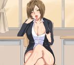  1girl blush breasts brown_hair cleavage female highres large_breasts looking_at_viewer naughty_face open_mouth samurai_(movemusic) sitting solo teacher tongue tongue_out yellow_eyes 