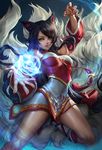  ahri animal_ears bare_shoulders bell black_hair breasts cleavage detached_sleeves facial_mark fox_ears fox_girl fox_tail hitodama korean_clothes league_of_legends lips long_hair looking_at_viewer medium_breasts multiple_tails nail_polish revision smile solo tail whisker_markings yellow_eyes yume_ou 