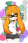  bangs bike_shorts blush breasts copyright_name domino_mask hand_on_hip ink_tank_(splatoon) inkling iriomote_umineko long_hair mask orange_eyes orange_hair pointy_ears sidelocks small_breasts smile solo splatoon_(series) splatoon_1 splattershot_(splatoon) super_soaker tentacle_hair thigh_gap 