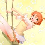  :d camisole camisole_over_clothes casual hair_bobbles hair_ornament hoshizora_rin love_live! love_live!_school_idol_project miyo_(13th_floor) open_mouth orange_hair short_hair side_ponytail smile solo swing thighhighs wristband yellow_eyes zettai_ryouiki 