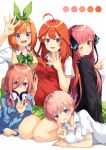  5girls ;d ahoge bangs black_jacket blue_eyes blue_nails blunt_bangs bow bowtie color_guide commentary_request eyebrows_visible_through_hair go-toubun_no_hanayome green_neckwear green_skirt hair_between_eyes hair_ornament hairclip hand_gesture headphones headphones_around_neck index_finger_raised jacket long_hair long_sleeves lying multiple_girls nail_polish nakano_ichika nakano_itsuki nakano_miku nakano_nino nakano_yotsuba nonono one_eye_closed open_mouth orange_hair pink_hair red_hair red_vest seiza shirt short_hair short_sleeves simple_background sitting skirt smile star star_hair_ornament twintails v vest w white_background white_shirt yellow_vest 