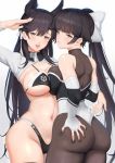  2girls amakuri3000 anchor_symbol animal_ears ass atago_(azur_lane) azur_lane bare_shoulders bikini black_bikini black_bodysuit black_hair black_legwear black_leotard blush bodystocking bodysuit bow breasts brown_eyes collarbone dog_ears elbow_gloves emblem eyebrows_visible_through_hair fingerless_gloves from_behind frown gloves gradient gradient_background hair_bow hair_flaps hair_ribbon hand_on_own_ass high_ponytail large_breasts leotard long_hair long_ponytail mole mole_under_eye multicolored_leotard multiple_girls navel open_mouth parted_lips ponytail race_queen ribbon shiny shiny_skin sweat swimsuit takao_(azur_lane) thighhighs thighs white_bow white_ribbon 