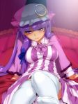  bad_id bad_pixiv_id bed breasts canopy_bed crescent dress hat hyudora large_breasts long_hair long_sleeves looking_at_viewer mob_cap on_bed outstretched_foot outstretched_leg patchouli_knowledge pink_eyes purple_hair sitting smile solo striped striped_dress thighhighs thighs touhou white_legwear zettai_ryouiki 