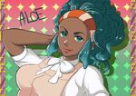  absurdres afro aloe_(pokemon) big_hair blue_hair breasts character_name dark_skin eyebrows eyelashes green_eyes gym_leader hairband hand_in_hair highres koi_no_iro large_breasts lipstick looking_at_viewer makeup nose pokemon pokemon_(game) pokemon_bw sidelocks smile solo upper_body very_dark_skin 