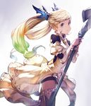  black_legwear blonde_hair blue_eyes blush dress granblue_fantasy hair_ornament io_euclase juliet_sleeves long_hair long_sleeves looking_at_viewer minaba_hideo official_art parted_lips polearm puffy_sleeves shorts shorts_under_dress simple_background solo tan thighhighs weapon 