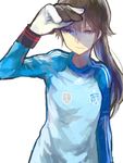  2014_fifa_world_cup adidas angela_salas_larrazabal brown_hair goalkeeper long_hair long_sleeves ponytail shirono_kuma simple_background soccer soccer_uniform solo spain sportswear sweatdrop upper_body white_background world_cup world_witches_series yellow_eyes 