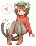  :o animal_ears ankle_boots blush boots brown_hair cat_ears cat_tail chen contemporary fang full_body heart ibaraki_natou jewelry looking_at_viewer multiple_tails nekomata open_mouth pantyhose red_eyes short_hair simple_background single_earring sitting solo spoken_heart sweater tail touhou turtleneck two_tails white_background 