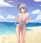  bare_shoulders beach black_hairband blue_eyes blue_sky bow breasts breasts_apart clenched_hands cloud covered_nipples day eyebrows hairband hater_(hatater) highres konpaku_youmu konpaku_youmu_(ghost) living_clothes looking_at_viewer moderate_pubic_hair mundane_utility nipples non-web_source ocean one-piece_swimsuit open_mouth outdoors pubic_hair sand see-through short_hair silver_hair sky small_breasts solo swimsuit thick_eyebrows touhou water 
