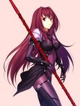  absurdres bad_id bad_pixiv_id bodysuit breasts fate/grand_order fate_(series) fuyuki_(neigedhiver) gae_bolg hair_intakes highres large_breasts long_hair pink_background polearm purple_bodysuit purple_hair scathach_(fate)_(all) scathach_(fate/grand_order) simple_background solo very_long_hair weapon 