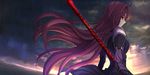  aora bodysuit cloud fate/grand_order fate_(series) gae_bolg long_hair looking_at_viewer polearm purple_bodysuit purple_hair rain red_eyes scathach_(fate)_(all) scathach_(fate/grand_order) solo very_long_hair weapon 