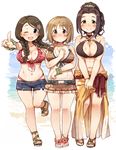  7010 ;d akanishi_erika anklet bare_shoulders beach bikini blush braid breasts brown_eyes brown_hair cleavage ebihara_naho flower frilled_bikini frills front-tie_top green_eyes hair_flower hair_ornament idolmaster idolmaster_cinderella_girls jewelry large_breasts long_hair looking_at_viewer mimura_kanako multiple_girls navel o-ring o-ring_top one_eye_closed open_mouth plump pointing pointing_at_viewer ponytail sandals sarong scrunchie short_hair short_shorts shorts skindentation skirt smile striped striped_bikini striped_swimsuit swimsuit thigh_gap twin_braids v_arms wrist_scrunchie 