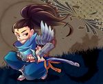  bracer brown_hair facial_hair league_of_legends male_focus mizoreame open_toe_shoes ponytail rope sheath sheathed shoes solo stubble sword weapon yasuo_(league_of_legends) 