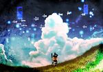  apron bad_id bad_pixiv_id black_dress blonde_hair blue_sky broom cloud commentary dress from_behind grass hat kirisame_marisa light_particles looking_up scenery shapes sky solo standing touhou tsukiyo_satoru_(lunanoxx) witch_hat 
