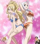  1boy 2boys 2girls ass ass-to-ass bikini blonde_hair blue_eyes blush breasts butt_crack fairy_tail heart heart_eyes highres jenny_realight large_breasts long_hair mirajane_strauss multiple_boys multiple_girls pose screencap silver_hair smile stitched swimsuit tattoo white_hair 