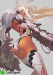  arm_cannon ass black_gloves dark_skin dual_wielding elbow_gloves floating_hair from_behind gloves gun hair_lift hair_ornament hairclip highres holding huge_weapon leotard logo long_hair looking_back mecha_musume million_chain official_art simple_background solo thighhighs tomoyuki_kotani weapon white_hair white_legwear wind wind_lift 