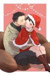 2boys age_difference akitaru_oubi black_hair black_pants boots border brown_footwear brown_sweater christmas closed_eyes en'en_no_shouboutai fur-trimmed_hood fur_trim hat heart heart_background highres hood multiple_boys mzkenen one_eye_closed onii-shota outside_border pants pink_eyes red_background red_hood santa_hat shinra_kusakabe short_hair sitting sitting_on_lap sitting_on_person sweater teeth undercut white_border yaoi 
