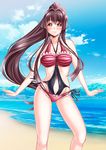  beach breasts brown_eyes brown_hair day itachou kantai_collection kantai_collection_(anime) large_breasts long_hair looking_at_viewer outdoors ponytail smile solo swimsuit water yamato_(kantai_collection) 