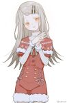  1girl blonde_hair blush commentary_request cowboy_shot fur-trimmed_jumpsuit fur_trim gakuen_idolmaster green_ribbon hair_ornament hairclip highres idolmaster jumpsuit kurobeko_(kur0bek0) long_hair looking_at_viewer open_mouth orange_eyes own_hands_together red_jumpsuit ribbon santa_costume shinosawa_hiro short_jumpsuit simple_background sweater turtleneck turtleneck_sweater twitter_username white_background 