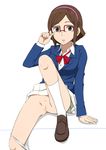  1girl blush brown_eyes brown_hair female glasses gundam gundam_build_fighters hairband ichihisa kousaka_china panties panties_around_leg pussy school_uniform short_hair sitting skirt solo uncensored underwear 