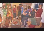  4boys 5girls alcohol animal ashley_graham barry_burton beard black_hair blonde_hair blush bottle box brown_hair camera carlos_oliveira celebration chris_redfield christmas christmas_ornaments christmas_tree claire_redfield coat cookie couch crossed_arms cup dark-skinned_female dark_skin dog drinking_glass everyone facial_hair fireplace food furry gift gift_box green_shirt happy highres hirusuhi holding holding_camera hood hoodie indoors jacket jill_valentine leon_s._kennedy mistletoe multiple_boys multiple_girls open_mouth pants pizza rebecca_chambers red_wine resident_evil resident_evil_2 resident_evil_3:_nemesis resident_evil_4 resident_evil_4_(remake) resident_evil_5 sheva_alomar shirt short_hair sitting slippers smile thighhighs tongue window wine wine_bottle wine_glass 